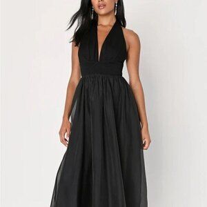 Lulus | Black Backless Halter Neutral Midi Homecoming Dress Small NWT
